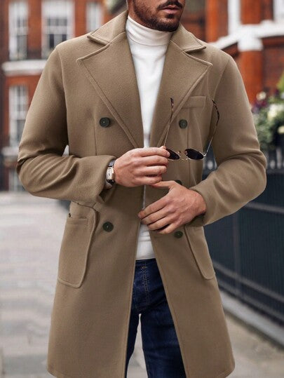 Manfinity Homme معطف طويل الأكمام أحادي اللون ذو صدر مزدوج وجيبين للزوج، بطراز المال القديم، للخريف/الشتاء