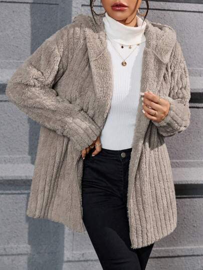 SHEIN Essnce جاكيت كاجوال منتظمة مع طبعات وياقة شربا ذات أزرار أمامية كابتشينو، سترات نسائية كاجوال فضفاضة ذات أكمام قصيرة بقلنسوة كاكي بلون أساسي، أزياء شتوية دافئة/ موضة شتوية