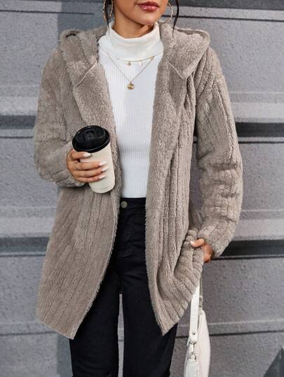 SHEIN Essnce جاكيت كاجوال منتظمة مع طبعات وياقة شربا ذات أزرار أمامية كابتشينو، سترات نسائية كاجوال فضفاضة ذات أكمام قصيرة بقلنسوة كاكي بلون أساسي، أزياء شتوية دافئة/ موضة شتوية