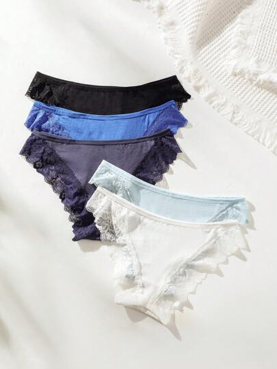 Shein Underwear&Sleepwear Basics 5 قطع من ملابس اللانجيري المحبوكة المخططة مع الدانتيل المتضاد