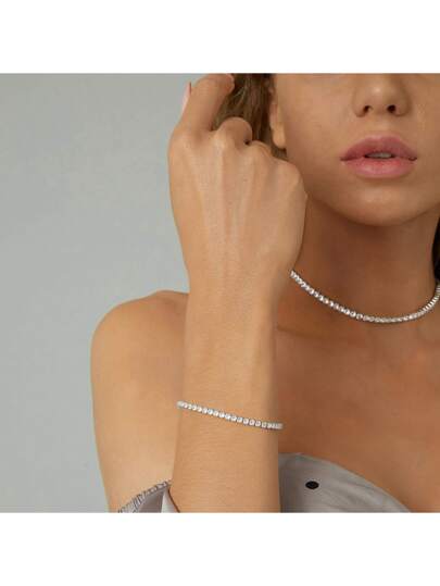 MDFUN طقم مجوهرات سوار التنس والأقراط مطلي بالذهب الأبيض عيار 18 قيراط، سوار التنس بأحجار زركونيا مربعة قياس 3 مم والأقراط بأحجار زركونيا قياس 6 مم، مناسب للجنسين