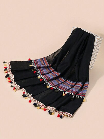 قطعة واحدة وشاح نسائي من النمط البوهيمي بلون سادة مزين بأشرطة، وشاح، شال، مناسب للاستخدام اليوميرمضان