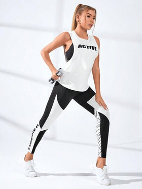 Gameset SHEIN Sport طقم رياضي للنساء بحمالات مقاطعة ظهر بنمط حرفي كرزس ، طقم تدريب للنساء، طقم سروال رياضي للنساء