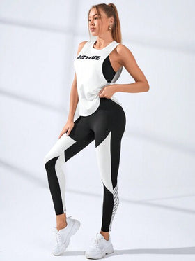 Gameset SHEIN Sport طقم رياضي للنساء بحمالات مقاطعة ظهر بنمط حرفي كرزس ، طقم تدريب للنساء، طقم سروال رياضي للنساء