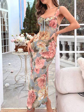 SHEIN فستان نوم طويل بطبعة زهرية مع عقدة أمامية