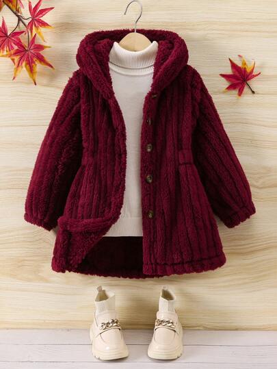 SHEIN Elladie kids معطف كلاسيكي طويل الأكمام مبطن بغطاء للرأس بنمط الشارع قطعة واحدة للفتاة الصغيرة، متعدد الاستخدامات