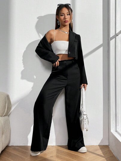 SHEIN LUNE موحدة اللون بليزر قصير & بنطلون بساق واسع