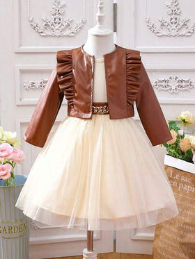 Glamorique Kids بنت طفل مقلم بكشكش جاكيت & فستان شبكي شامل