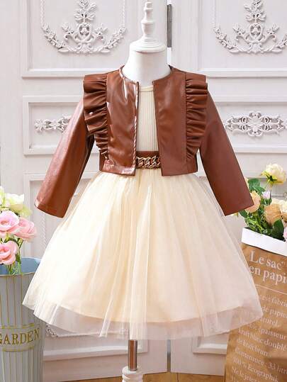 Glamorique Kids بنت طفل مقلم بكشكش جاكيت & فستان شبكي شامل
