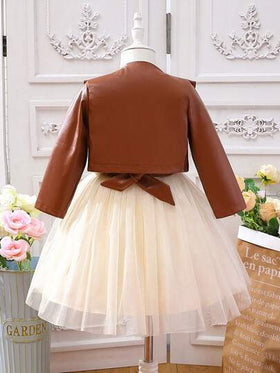 Glamorique Kids بنت طفل مقلم بكشكش جاكيت & فستان شبكي شامل
