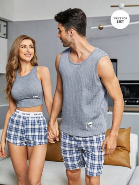 SHEIN مجموعة ملابس من رجال 1 قطعة، تانك توب بتفصيلة الرسالة المخيطة، و 1 قطعة، شورت بطبعة النقشة، ملابس منزلية للرجال (مستثناة مجموعة ملابس المنزل للنساء)
