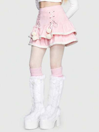 ROMWE Kawaii تنورة هيميكاجي بتطريز دانتيل أمامي وحواف كشكشة
