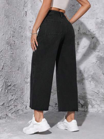 SHEIN PETITE بنطلون جينز خصر عالي ساق عريضة مقصوص