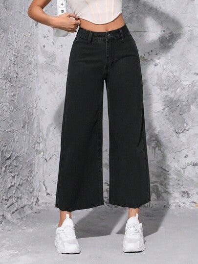 SHEIN PETITE بنطلون جينز خصر عالي ساق عريضة مقصوص