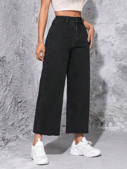 SHEIN PETITE بنطلون جينز خصر عالي ساق عريضة مقصوص