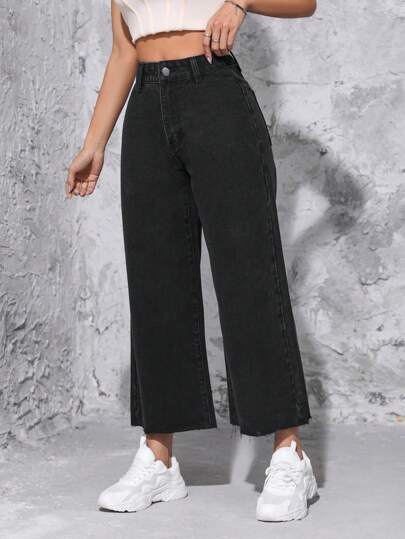 SHEIN PETITE بنطلون جينز خصر عالي ساق عريضة مقصوص