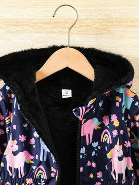 SHEIN معطف قابل للعكس مبطن بالفرو مطبوع بطبعة زهرية مع قبعة للفتاة الصغيرة قطعة واحدة