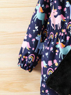 SHEIN معطف قابل للعكس مبطن بالفرو مطبوع بطبعة زهرية مع قبعة للفتاة الصغيرة قطعة واحدة
