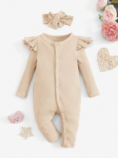 SHEIN جمبسوت مقلم بكشكش أزرار أمامية محبوك مضلع للبنات الاطفال