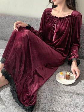 DAZY ثوب نوم نسائي مصنوع من المخمل الأنيق بتصميم ألوان متباينة ولوحات من الدانتيل، مناسب للخريف والشتاء، فستان أحمر للنساء، بيجامة، لليلة رأس السنة الجديدة رمضان
