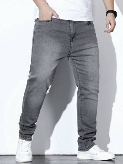 Manfinity Homme جينز رجالي منحرف مع غسيل مبيض ، جينز سادة ضيق اللون الداكن ، جينز كاربو باللون الرمادي الفاتح المغسول طويل ، هدايا للزوج والصديق