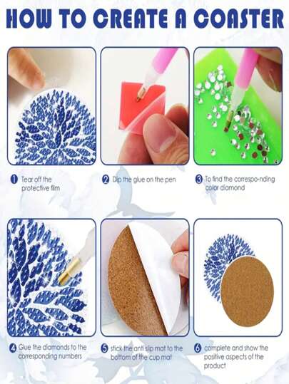 8قطعات/طقم بورسلين أزرق وأبيض نمط لوحة الماس DIY كوستر عدة مع شكل خاص الماس و AB الماس , مع حامل الكأس