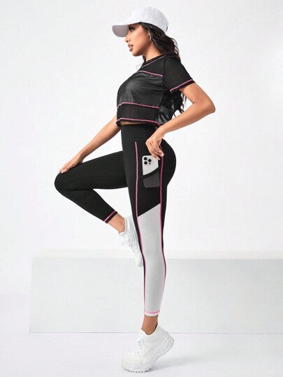 SHEIN Sport Gameset طقم تمارين رياضية للنساء من سروال ضيق وتي شيرت رياضي بألوان كتل مع جيب للهاتف الجانبي