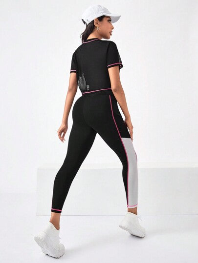 SHEIN Sport Gameset طقم تمارين رياضية للنساء من سروال ضيق وتي شيرت رياضي بألوان كتل مع جيب للهاتف الجانبي