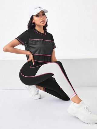 SHEIN Sport Gameset طقم تمارين رياضية للنساء من سروال ضيق وتي شيرت رياضي بألوان كتل مع جيب للهاتف الجانبي