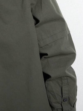 Manfinity Homme قميص جينز بجيب قابل للطي بدون تي شيرت، قميص جينز قطني سادة بأكمام طويلة وأزرار للخروج والعمل والعطلات والمتنزهات الوطنية، للخريف