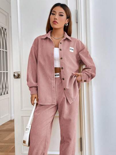 SHEIN EZwear بدلة كاجوال للنساء تتكون من قميص طويل الأكمام بأكتاف متساقطة مطرز بحرف وبنطال بحبل شد