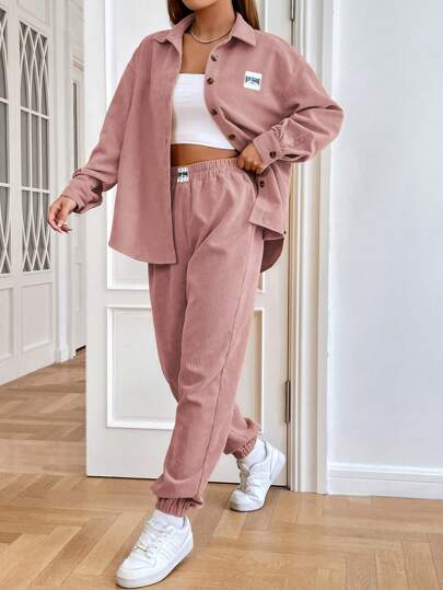 SHEIN EZwear بدلة كاجوال للنساء تتكون من قميص طويل الأكمام بأكتاف متساقطة مطرز بحرف وبنطال بحبل شد