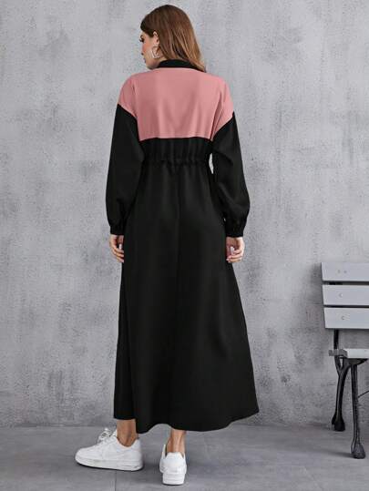 Mulvari فستان ماكسي بأكمام متساقطة وخصر قابل للربط بسحاب وكتل لون للنساء