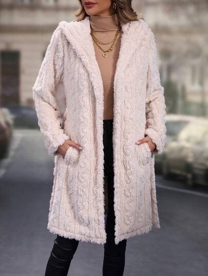 SHEIN LUNE معطف تيدي مفتوح امامي قبعة