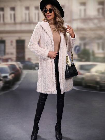SHEIN LUNE معطف تيدي مفتوح امامي قبعة