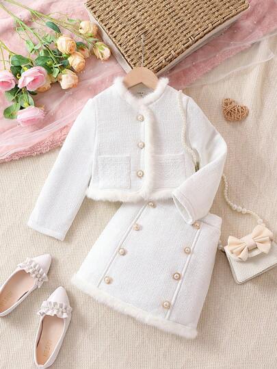 SHEIN بنت طفل مقلم زغبي جيب مرقع أزرار علوية تويد جاكيت و تنورة