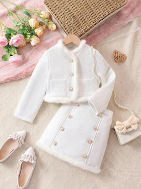 SHEIN بنت طفل مقلم زغبي جيب مرقع أزرار علوية تويد جاكيت و تنورة