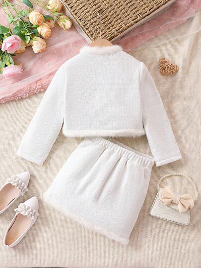 SHEIN بنت طفل مقلم زغبي جيب مرقع أزرار علوية تويد جاكيت و تنورة