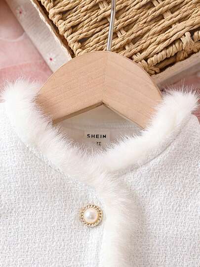 SHEIN بنت طفل مقلم زغبي جيب مرقع أزرار علوية تويد جاكيت و تنورة