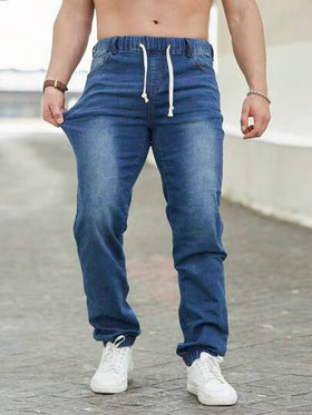 Manfinity Homme بنطال جينز رجالي ذو خصر مشدود بسحاب، أزرق داكن ضيق مستقيم، غسيل داكن طويل، جينز كاجوال له جيوب ، هدية للزوج والحبيب