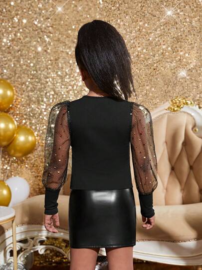 SHEIN بلوزة طويلة الأكمام لفتيات المراهقات بياقة دائرية وألواح من الشبكة، مناسبة للإطلالة الأنيقة في الحفلات