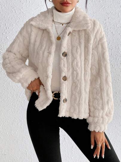 SHEIN معطف طويل الأكمام قابل للعكس بلون بيج ثابت، مناسب للارتداء اليومي الكاجوال في فصلي الخريف والشتاء، للعودة إلى المدرسة، للبنات في فصل الشتاء، للأم والابنة المتطابقة، معطف فرو أنيق للأم والابنة في فصل الخريف