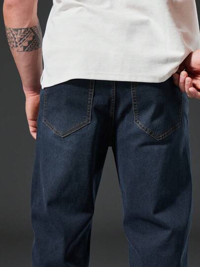 Manfinity Homme بنطلون جينز رجالي مستقيم الساق مع جيوب مائلة، بنطلون جينز مستقيم الساق أزرق داكن بغسل عادي، بنطلون جينز كارجو مغسول، هدايا للزوج والصديق، بنطلون جينز رجالي أزرق داكن، بنطلون جينز رجالي كبير الحجم، بنطلون جينز رجالي كبير الحجم للخروج والشار