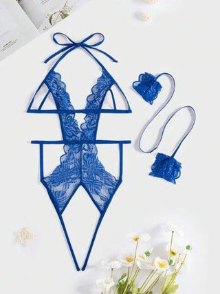 لانجيري حريمي Exotic-Bondage بادي تيدي بتصميم الحلقة والأزهار المقطعة والكروشيه، مع أساور صناعية للملابس الداخلية
