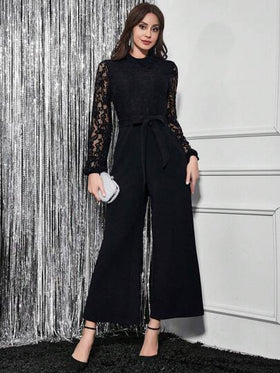 SHEIN Clasi بدسويت بساق واسع دانتيل متباين اللون أكمام فانوس حزام