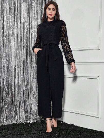 SHEIN Clasi بدسويت بساق واسع دانتيل متباين اللون أكمام فانوس حزام