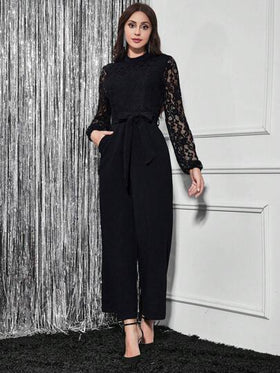 SHEIN Clasi بدسويت بساق واسع دانتيل متباين اللون أكمام فانوس حزام