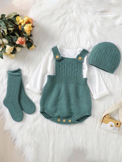 SHEIN Vintaside Kids للبنات الاطفال محبوك مضلع بوديسوت & قبعة & جوارب بدون تي شيرت