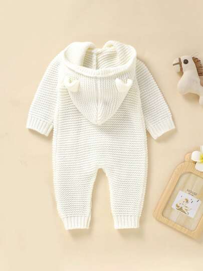 SHEIN جمبسوت تصميم أذن ثلاثي الأبعاد أزرار أمامية منسوج مضفور للاولاد الاطفال