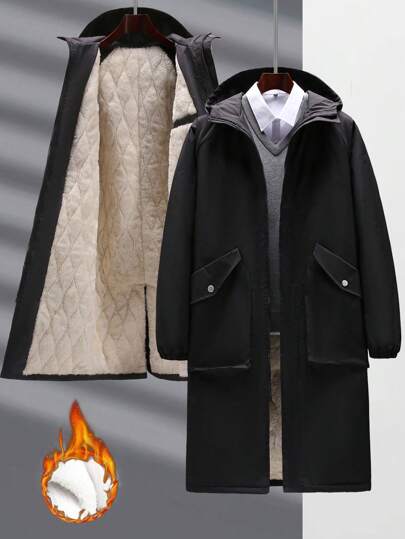 Manfinity Homme معطف شتوي مبطن بغطاء رأس للرجال بجيب قلاب بفتحة واسعة، أكمام طويلة، للخريف/الشتاء قطعة واحدة